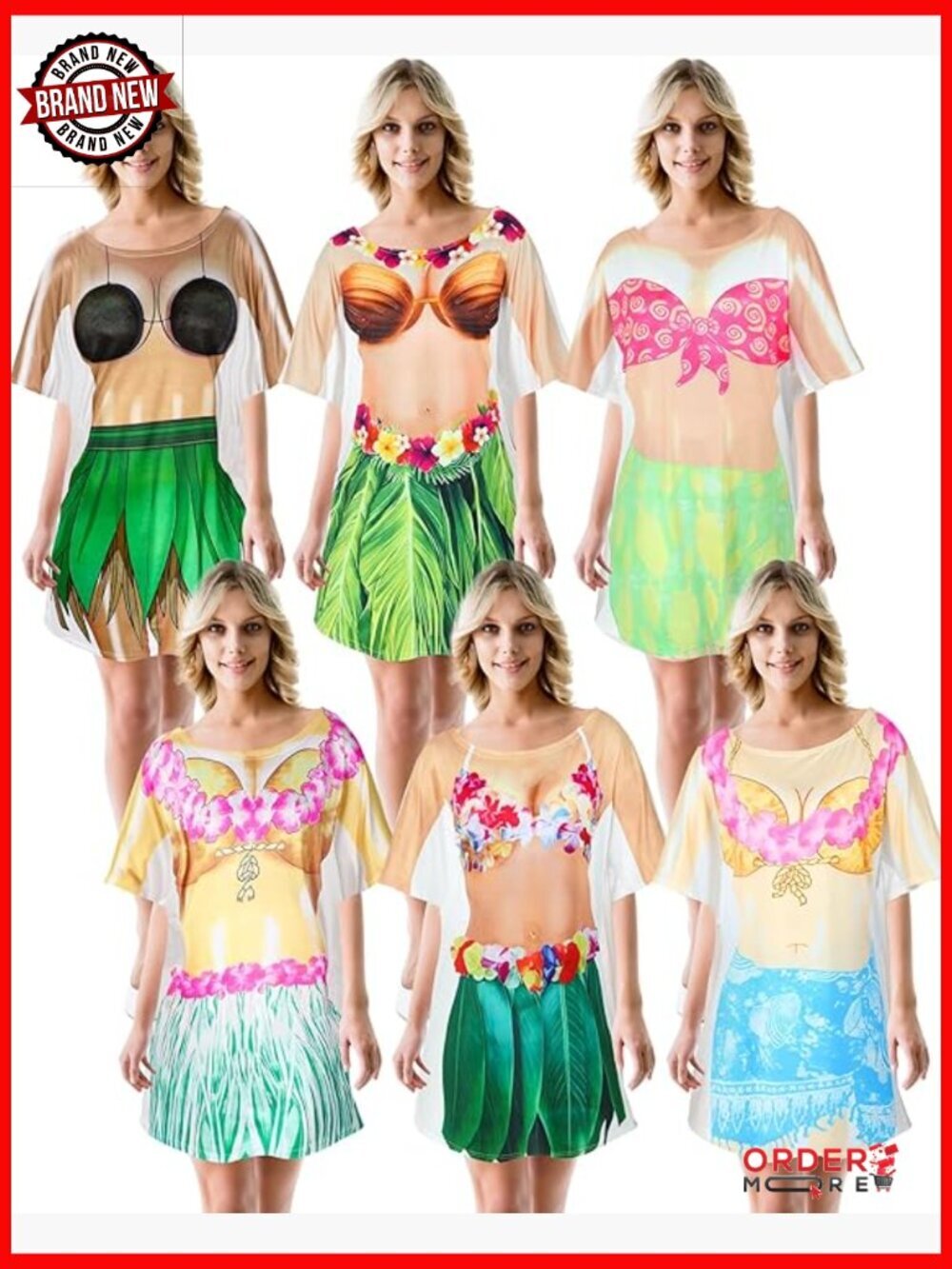 6 Pack Bikini Print Baggy T Shirt Dress Cover Up